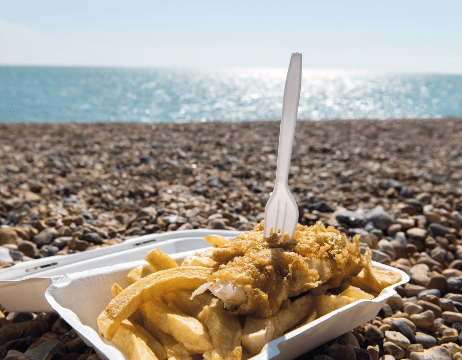 Fish and chips on a beach