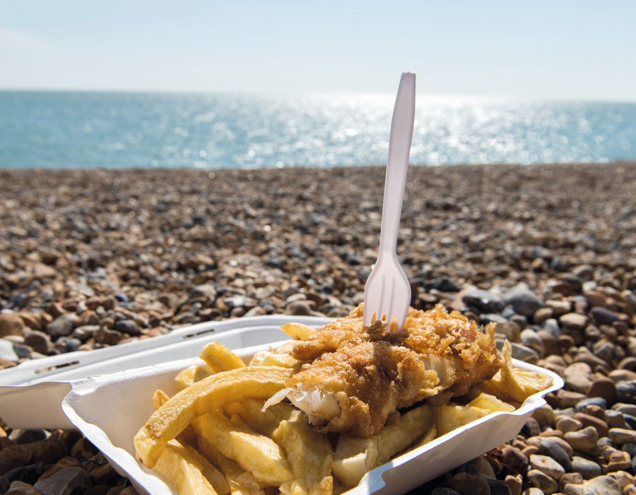 Fish and chips on a beach